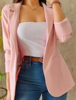 Women's Blazer Comfortable Breathable Pocket Casual Plain Office Street Casual Daily Wear Open Front Short Turndown Regular Fit Long Sleeve Outerwear Pink Blue Green Summer Fall Women Blazers & Suits