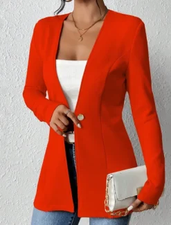 Outlet Women's Blazer Comfortable Breathable Buttons OL Style Casual Plain Office Street Casual Daily Wear Single Breasted Regular V Neck Regular Fit Long Sleeve Outerwear Black White Red Spring Fall Women Blazers & Suits