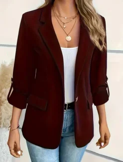 Online Women's Blazer Comfortable Breathable Pocket Fashion Casual Plain Office Street Casual Daily Wear Single Breasted Regular Turndown Regular Fit Long Sleeve Outerwear Black White Wine Summer Winter Women Blazers & Suits