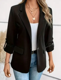Online Women's Blazer Comfortable Breathable Pocket Fashion Casual Plain Office Street Casual Daily Wear Single Breasted Regular Turndown Regular Fit Long Sleeve Outerwear Black White Wine Summer Winter Women Blazers & Suits