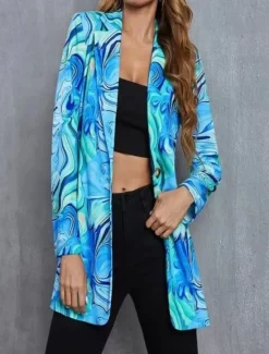 Sale Women's Blazer Comfortable Breathable Print Modern Casual Geometric Office Street Casual Daily Wear Single Breasted Regular Turndown Loose Fit Long Sleeve Outerwear Blue Purple Fuchsia Summer Spring Women Blazers & Suits
