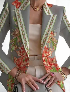 Online Women's Blazer Comfortable Breathable Print Elegant Casual Leaf Formal Work Office / Career Double Breasted Regular Turndown Regular Fit Long Sleeve Outerwear White Blue Green Summer Women Blazers & Suits