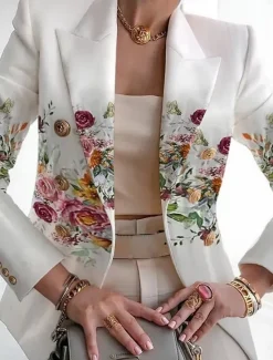 Online Women's Blazer Comfortable Breathable Print Elegant Casual Leaf Formal Work Office / Career Double Breasted Regular Turndown Regular Fit Long Sleeve Outerwear White Blue Green Summer Women Blazers & Suits