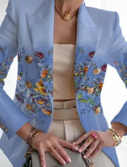 Online Women's Blazer Comfortable Breathable Print Elegant Casual Leaf Formal Work Office / Career Double Breasted Regular Turndown Regular Fit Long Sleeve Outerwear White Blue Green Summer Women Blazers & Suits