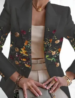 Online Women's Blazer Comfortable Breathable Print Elegant Casual Leaf Formal Work Office / Career Double Breasted Regular Turndown Regular Fit Long Sleeve Outerwear White Blue Green Summer Women Blazers & Suits
