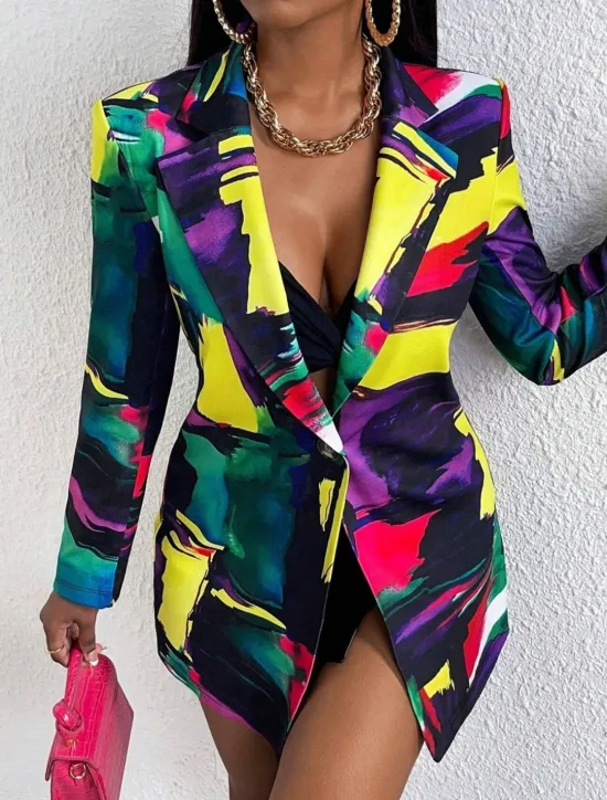 New Women's Blazer Comfortable Breathable Print Casual Floral Office Street Casual Daily Wear Open Front Regular Notch Lapel Regular Fit Long Sleeve Outerwear Black Yellow Pink Summer Fall Women Blazers & Suits