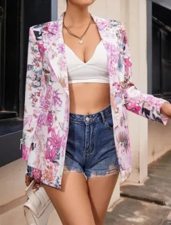 New Women's Blazer Comfortable Breathable Print Casual Floral Office Street Casual Daily Wear Open Front Regular Notch Lapel Regular Fit Long Sleeve Outerwear Black Yellow Pink Summer Fall Women Blazers & Suits