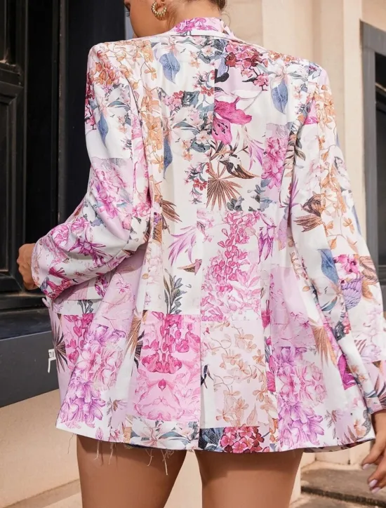 New Women's Blazer Comfortable Breathable Print Casual Floral Office Street Casual Daily Wear Open Front Regular Notch Lapel Regular Fit Long Sleeve Outerwear Black Yellow Pink Summer Fall Women Blazers & Suits
