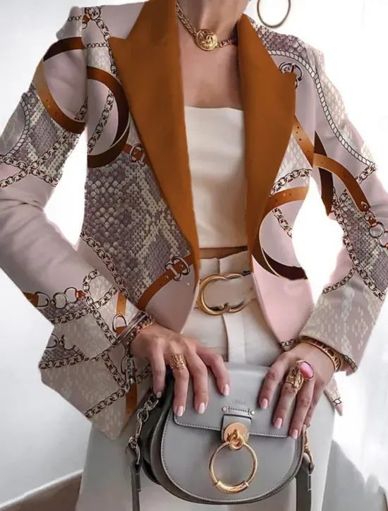 Outlet Women's Blazer Comfortable Breathable Print Casual Geometric Office Street Casual Daily Wear Open Front Regular Notch Lapel Regular Fit Long Sleeve Outerwear White Pink Blue Spring Fall Women Blazers & Suits