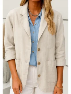 Best Women's Blazer Comfortable Breathable Pocket Buttons Casual Plain Office Street Casual Daily Wear Single Breasted Regular Turndown Loose Fit Long Sleeve Outerwear Navy Beige Summer Fall Women Shirts|Blazers & Suits