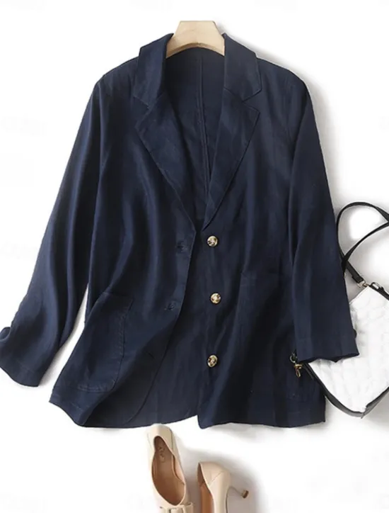 Best Women's Blazer Comfortable Breathable Pocket Buttons Casual Plain Office Street Casual Daily Wear Single Breasted Regular Turndown Loose Fit Long Sleeve Outerwear Navy Beige Summer Fall Women Shirts|Blazers & Suits