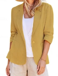 Best Women's Blazer Comfortable Breathable Pocket Casual Plain Office Work Street Casual Single Breasted Regular Turndown Regular Fit Long Sleeve Outerwear Black White Yellow Summer Spring Women Blazers & Suits
