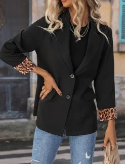 Women's Blazer Dailywear Button Leopard Comfortable Stylish Regular Fit Outerwear Long Sleeve Fall S Women Blazers & Suits