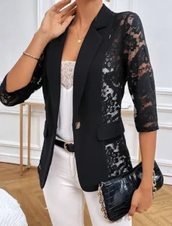 Sale Women's Blazer Formal Lace Plain Breathable Streetwear Regular Fit Outerwear Long Sleeve Spring Black S Women Blazers & Suits