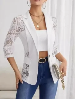 Sale Women's Blazer Formal Lace Plain Breathable Streetwear Regular Fit Outerwear Long Sleeve Spring Black S Women Blazers & Suits