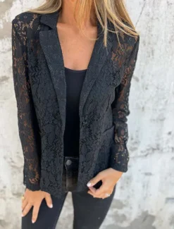 Clearance Women's Blazer Going out Lace Solid Color Breathable Classic Style Regular Fit Outerwear Long Sleeve Summer Black S Women Lace Tops