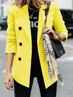 New Women's Blazer Outdoor Button Solid Color Warm Fashion Regular Fit Outerwear Long Sleeve Fall Light Blue S Women Blazers & Suits
