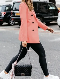 New Women's Blazer Outdoor Button Solid Color Warm Fashion Regular Fit Outerwear Long Sleeve Fall Light Blue S Women Blazers & Suits