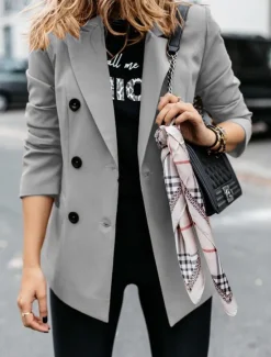New Women's Blazer Outdoor Button Solid Color Warm Fashion Regular Fit Outerwear Long Sleeve Fall Light Blue S Women Blazers & Suits