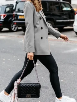 New Women's Blazer Outdoor Button Solid Color Warm Fashion Regular Fit Outerwear Long Sleeve Fall Light Blue S Women Blazers & Suits