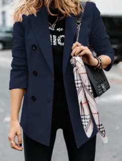 New Women's Blazer Outdoor Button Solid Color Warm Fashion Regular Fit Outerwear Long Sleeve Fall Light Blue S Women Blazers & Suits