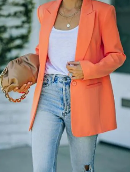 Best Women's Blazer Party Buttons Solid Color Comfortable Fashion Regular Fit Outerwear Long Sleeve Fall Orange S Women Blazers & Suits