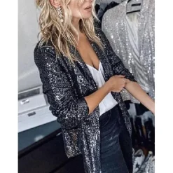 Discount Women's Blazer Sequins Coat Sparkle Coa White Black Gold Open Front Long Sleeve,Sequin Jacket Shine Bright Like Diamond tParty Evening Spring Autumn Regular Fit S M L XL XXL Women Blazers & Suits