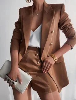 Clearance Women's Blazer Suits 2 Pcs Blazer & Short Pant Double Breasted Blazer Fall Work Office Casual / Daily Fashion Outerwear Long Sleeve Summer Black S Women Blazers & Suits
