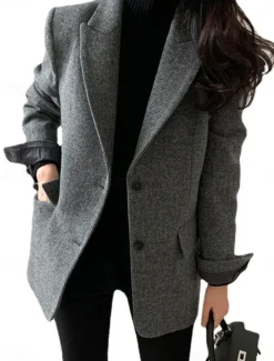Online Women's Blazer Warm Breathable Patchwork Pocket OL Style Modern Solid Color Office / Career Going out Regular Turndown Regular Fit Long Sleeve Outerwear Brown Grey Fall Winter Women Blazers & Suits|Coats & Trench Coats
