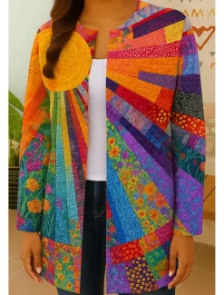 Best Women's Blazer Windproof Warm Patchwork Pocket Color Block Open Front Modern Boho Vintage Geometric Casual Daily Casual Daily Short Crewneck Regular Fit Long Sleeve Outerwear Yellow Red Orange Fall Women Jackets