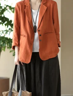 Sale Women's Blazer Work Button Solid Color Breathable OL Style Regular Fit Outerwear Long Sleeve Fall Orange M Women Blazers & Suits