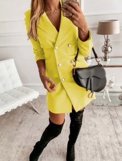Best Women's Blazer Work Button Solid Color Breathable OL Style Regular Fit Outerwear Long Sleeve Fall Yellow S Women Blazers & Suits