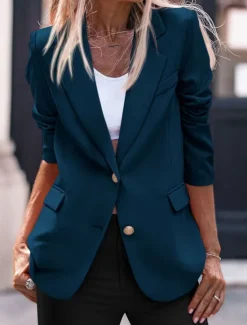 Discount Women's Blazer Work Button Solid Color Comfortable OL Style Regular Fit Outerwear Long Sleeve Fall Black S Women Blazers & Suits