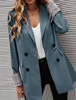 New Women's Blazer Work Button Solid Color Breathable OL Style Regular Fit Outerwear Long Sleeve Fall Blue S Women Blazers & Suits