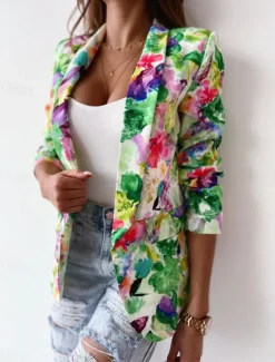 Clearance Women's Blazer Work Print Floral Breathable OL Style Regular Fit Outerwear Long Sleeve Fall Pink M Women Blazers & Suits