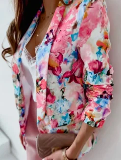 Clearance Women's Blazer Work Print Floral Breathable OL Style Regular Fit Outerwear Long Sleeve Fall Pink M Women Blazers & Suits