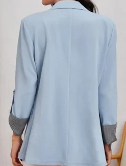 Women's Blazer Work Stripe Solid Color Warm Stylish Regular Fit Outerwear Long Sleeve Spring Light Blue S Women Blazers & Suits