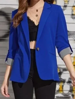 Women's Blazer Work Stripe Solid Color Warm Stylish Regular Fit Outerwear Long Sleeve Spring Light Blue S Women Blazers & Suits