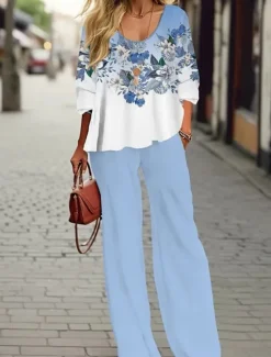 Women's Blouse 3/4 Length Sleeve U Neck Ombre Floral Graphic Print Outdoor Vacation Casual Black Light Green Sky Blue Summer Loose Fit Women Two Piece Sets