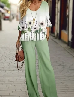 Women's Blouse 3/4 Length Sleeve U Neck Ombre Floral Graphic Print Outdoor Vacation Casual Black Light Green Sky Blue Summer Loose Fit Women Two Piece Sets