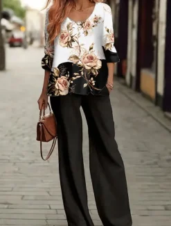 Women's Blouse 3/4 Length Sleeve U Neck Ombre Floral Graphic Print Outdoor Vacation Casual Black Light Green Sky Blue Summer Loose Fit Women Two Piece Sets