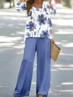 Women's Blouse 3/4 Length Sleeve U Neck Ombre Floral Graphic Print Outdoor Vacation Casual Black Light Green Sky Blue Summer Loose Fit Women Two Piece Sets