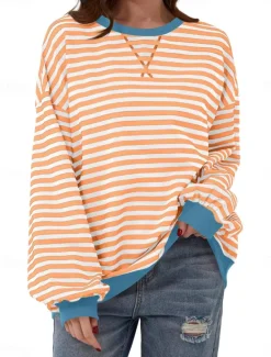 Women's Blouse Button Down Graphic Striped Vintage Tropical Stylish Long Sleeve Crew Neck Regular Tops Daily Print Blue Fuchsia Orange Green Summer Spring Fall Women Blouses & Shirts