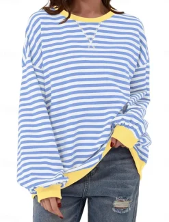 Women's Blouse Button Down Graphic Striped Vintage Tropical Stylish Long Sleeve Crew Neck Regular Tops Daily Print Blue Fuchsia Orange Green Summer Spring Fall Women Blouses & Shirts
