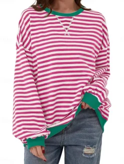 Women's Blouse Button Down Graphic Striped Vintage Tropical Stylish Long Sleeve Crew Neck Regular Tops Daily Print Blue Fuchsia Orange Green Summer Spring Fall Women Blouses & Shirts