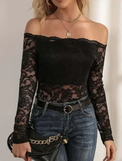 Discount Women's Blouse Casual Long Sleeve Off Shoulder Regular Tops Lace claret Black Summer Spring Women Lace Tops