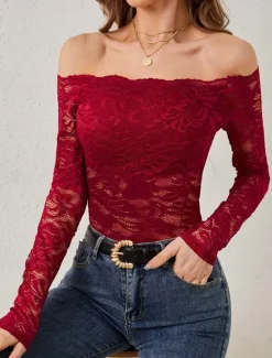 Discount Women's Blouse Casual Long Sleeve Off Shoulder Regular Tops Lace claret Black Summer Spring Women Lace Tops