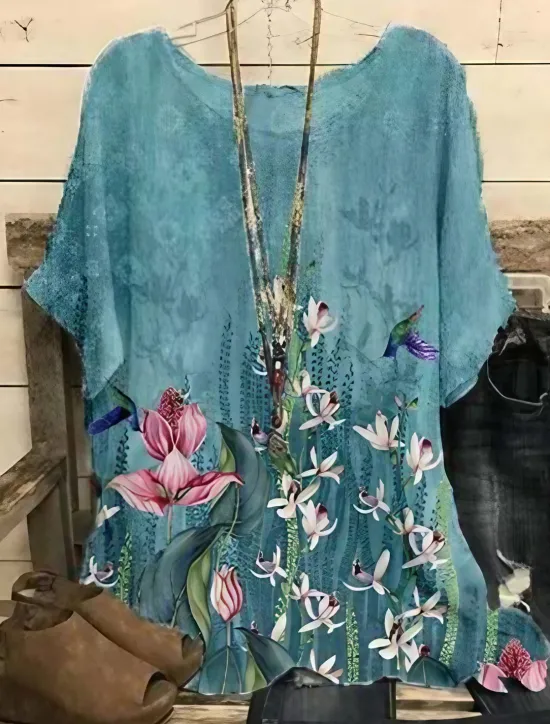 Sale Women's Blouse Chiffon Basic Casual Floral Leaf Print Dolman Sleeve Short Sleeve Regular Tops Crew Neck Daily Going out Beach Red Blue Summer Spring Women Chiffon Tops|Spring Tops