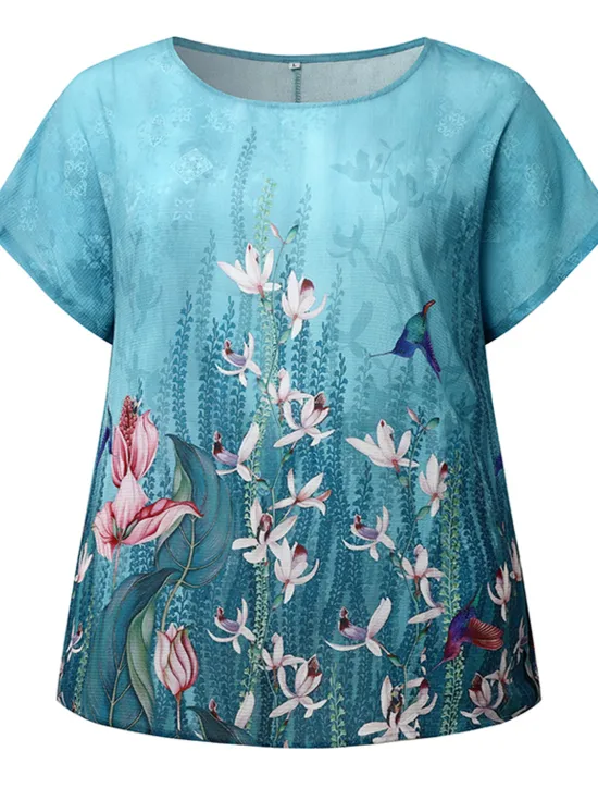 Sale Women's Blouse Chiffon Basic Casual Floral Leaf Print Dolman Sleeve Short Sleeve Regular Tops Crew Neck Daily Going out Beach Red Blue Summer Spring Women Chiffon Tops|Spring Tops