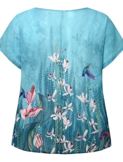 Sale Women's Blouse Chiffon Basic Casual Floral Leaf Print Dolman Sleeve Short Sleeve Regular Tops Crew Neck Daily Going out Beach Red Blue Summer Spring Women Chiffon Tops|Spring Tops